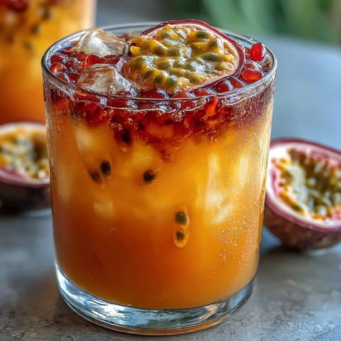 Refreshing Tropical Sunrise Mocktail with passionfruit and orange, perfect for sunny afternoons.
