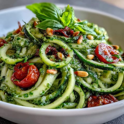 Vibrant Zucchini Noodles with Avocado Pesto, a creamy green, healthy Mediterranean delight.