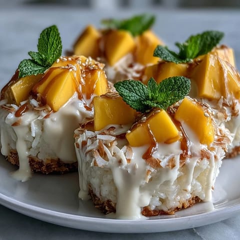 Sweet Coconut Mango Sticky Rice Cups piled high with fresh, ripe mango.