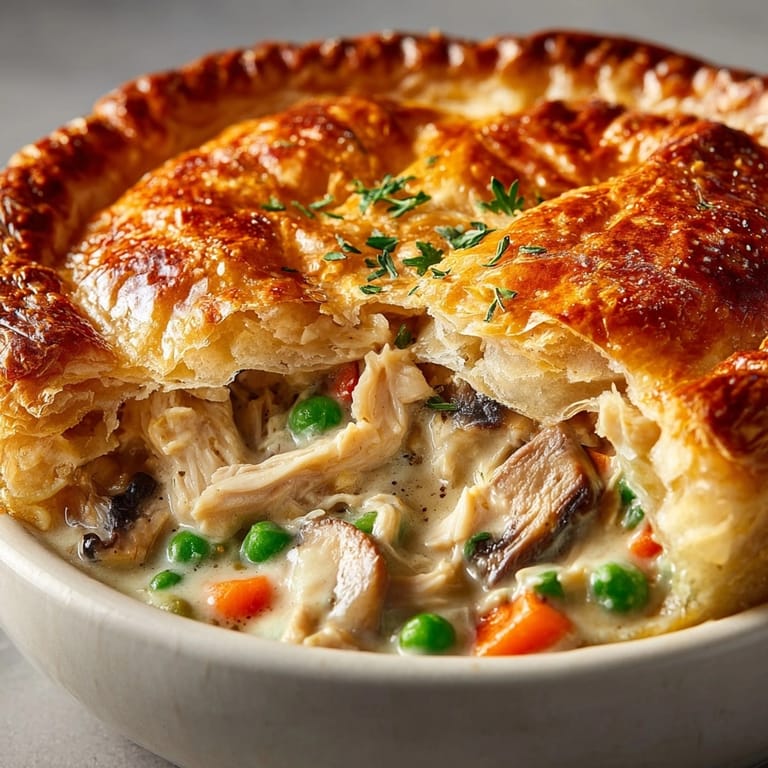 Warm, comforting Creamy Chicken and Mushroom Pot Pie with a rich, savory gravy.