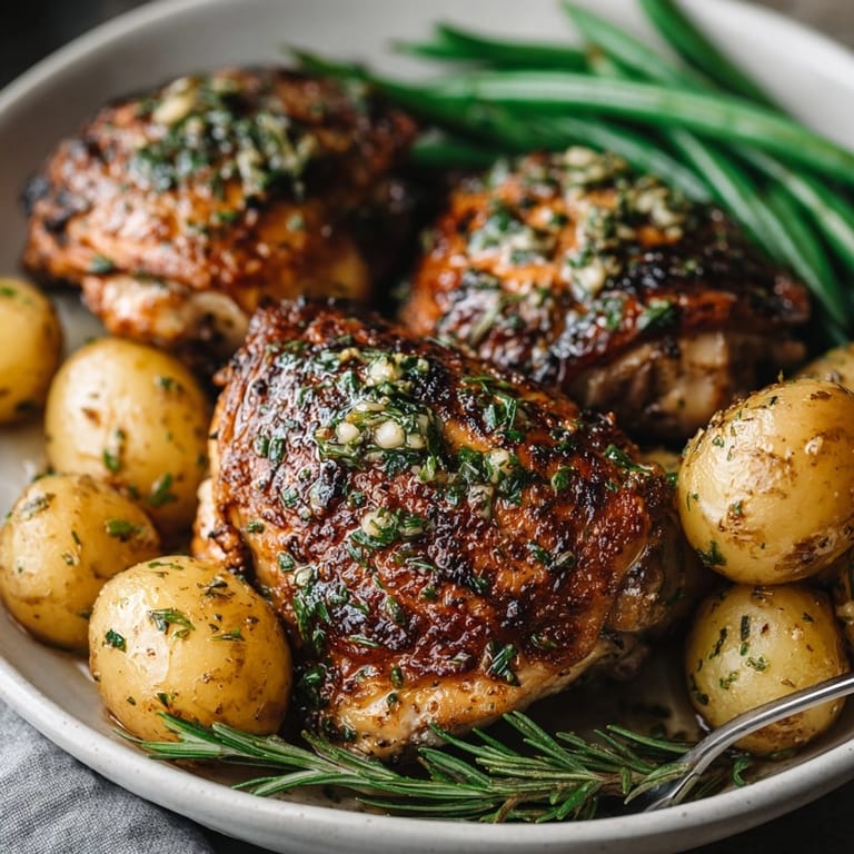 Oven-baked Garlic Herb Roasted Chicken Thighs, seasoned well, savory herbs visible.