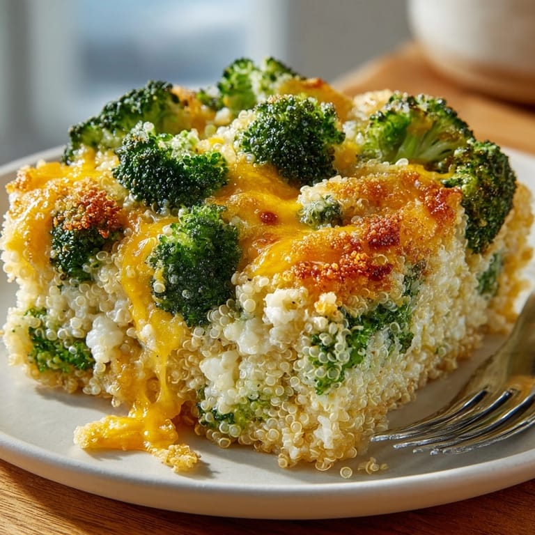 Creamy cheesy broccoli quinoa casserole, warm and comforting, a perfect easy weeknight dinner.