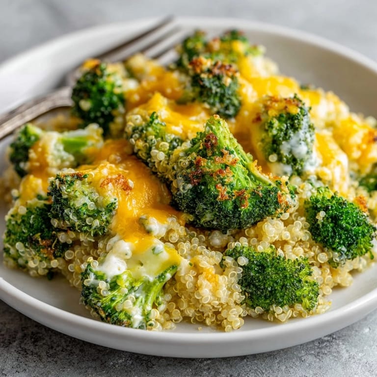 Close-up of homemade cheesy broccoli quinoa casserole, a healthy and delicious family meal.