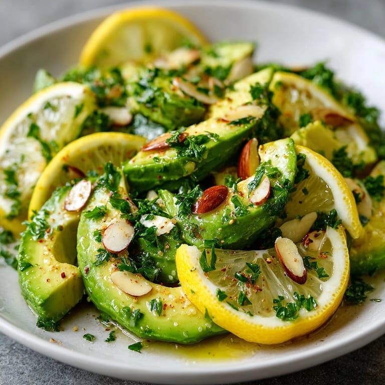 Creamy, refreshing Lemon Avocado Salad recipe, topped with crunchy toasted almonds, served in bowls.