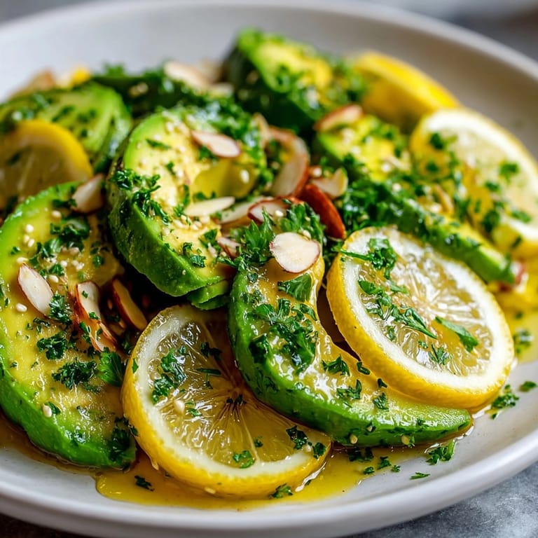 Close-up showing a vibrant Lemon Avocado Salad with toasted almonds ready to enjoy.