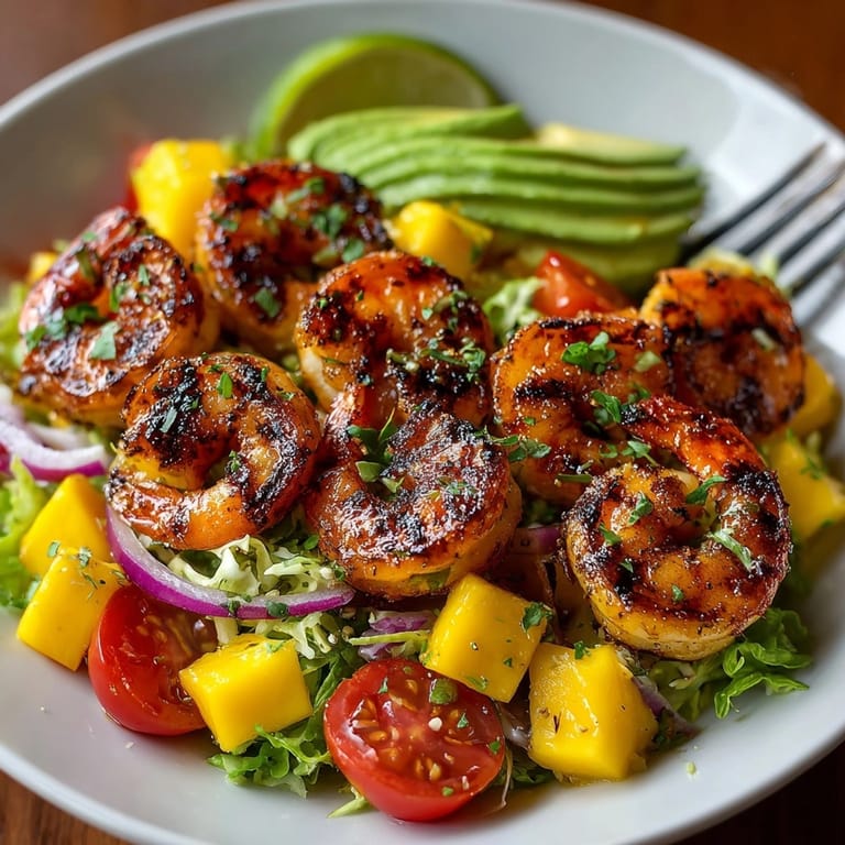 Succulent grilled shrimp and mango salad; a refreshing, light summer lunch recipe idea.