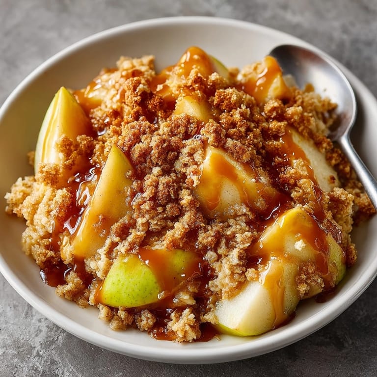 Warm, spiced Salted Caramel Apple Crisp baking in a cast iron skillet, gooey caramel visible.