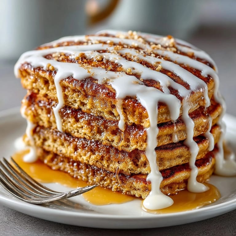 Golden gingerbread pancakes recipe drizzled with creamy vanilla icing, ideal for holiday brunch.