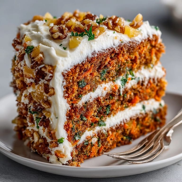 Homemade spiced Carrot Cake recipe, topped with a rich, sweet, and tropical pineapple frosting.