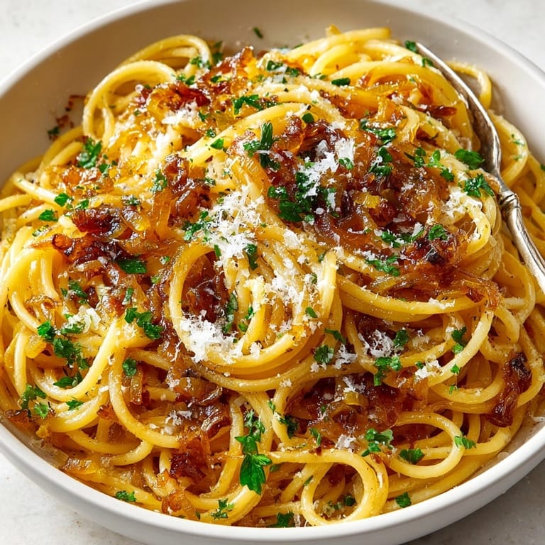 Golden Caramelized Onion Pasta: an easy vegetarian dinner ready in under an hour.