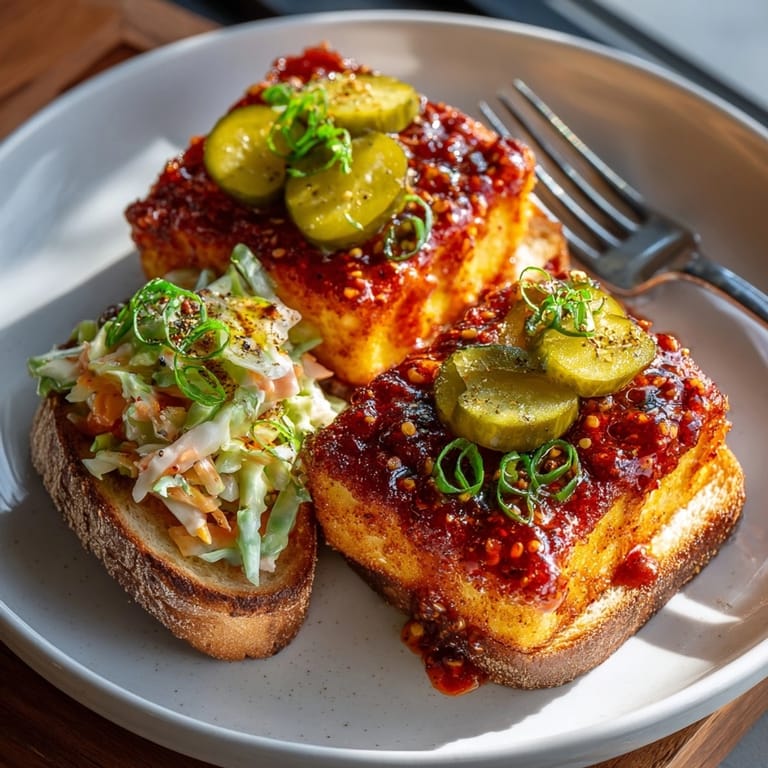 Sizzling Nashville Hot Tofu recipe: golden, spicy, and ready for serving on bread.