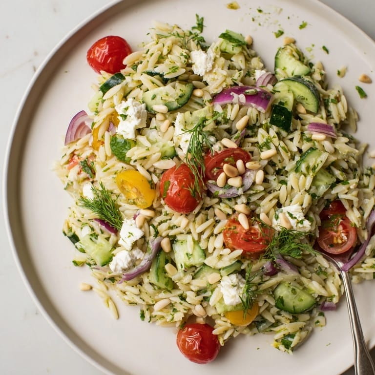 Creamy Lemon Herb Orzo Salad sparkles—easy summer recipe with bright, citrusy flavors.