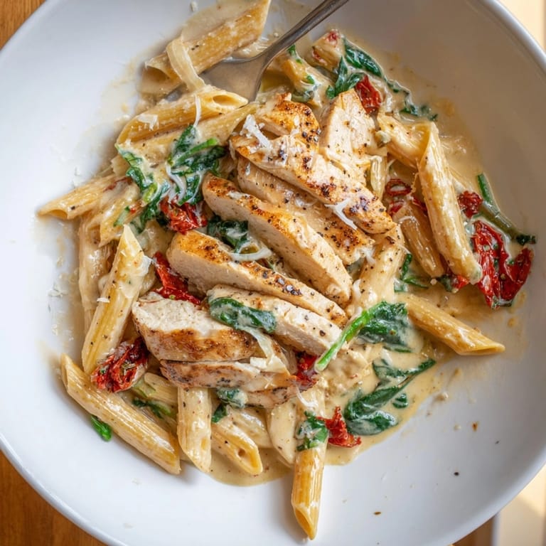 Indulge in homemade Creamy Tuscan Chicken Pasta; spinach, sun-dried tomatoes bathed in garlic cream.