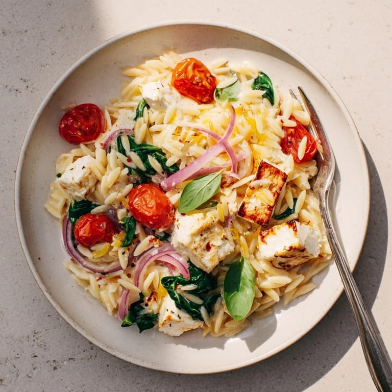 Comforting baked feta orzo recipe with spinach; a vibrant vegetarian meal, oven-baked.