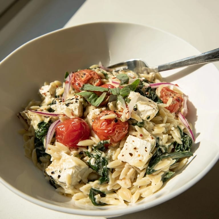 Warm baked feta orzo and spinach: a simple, flavorful Mediterranean dinner ready to serve.