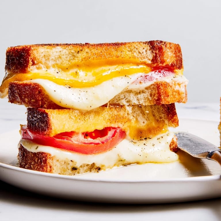 Easy Mayo-Crusted Grilled Cheese Hack recipe: Close-up of toasted bread, melted cheese pull.