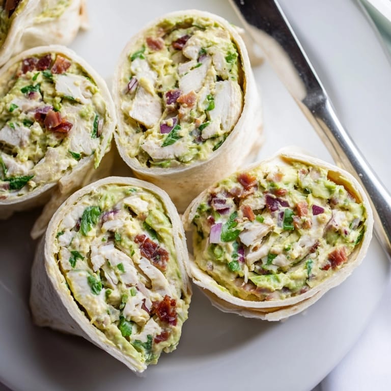 Layered tortilla roll filled with delectable Avocado Chicken Bacon Pinwheels, showing off delicious filling.