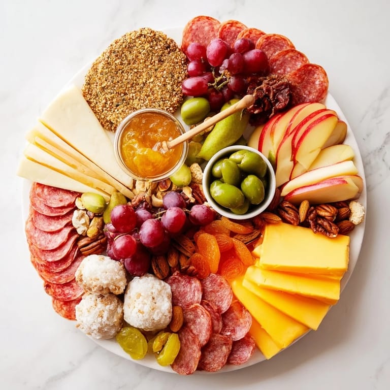 Colorful meats, cheeses, and mochi donut holes create a festive party centerpiece.  