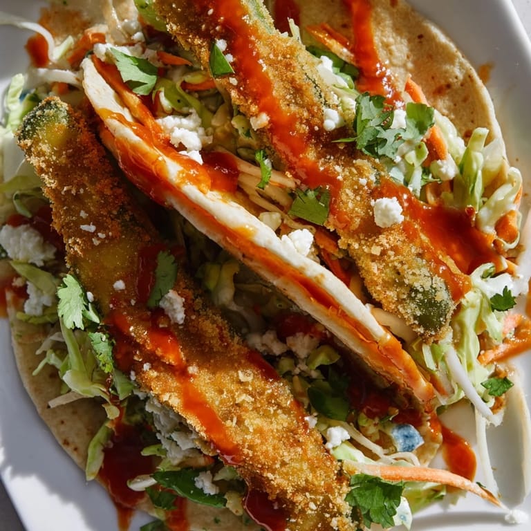 Delicious Sweet Chili Fried Pickle Tacos offering a crunchy and tangy flavor burst.