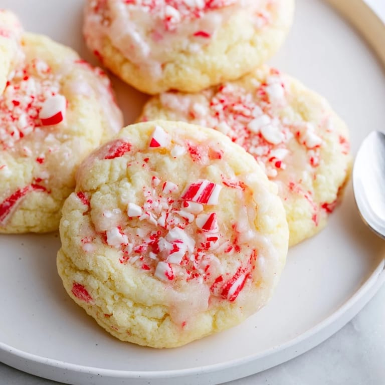 Chewy peppermint cookies, topped with sparkling glaze and crushed candy canes.  