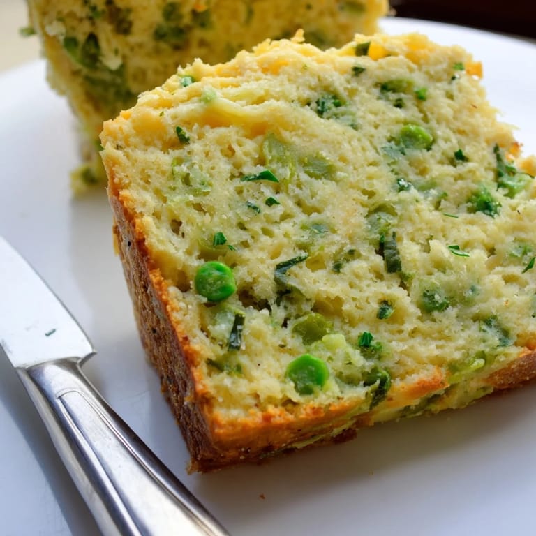 Slices of Snap Pea Cheddar Muffin Loaf drizzled with cream and fresh herbs.