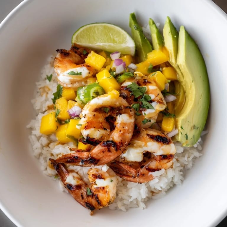 Delicious Shrimp and Avocado Bowls topped with zesty lime-chili sauce and mango salsa.  