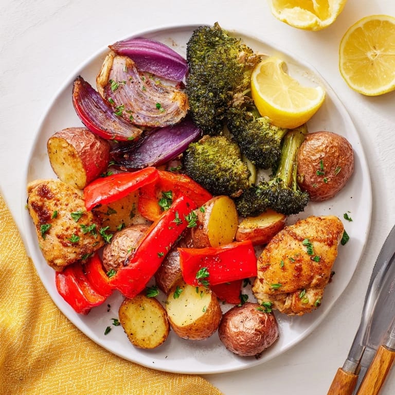Juicy Lazy Gourmet Chicken & Vegetable One-Pot, a colorful medley of veggies and herbs.  