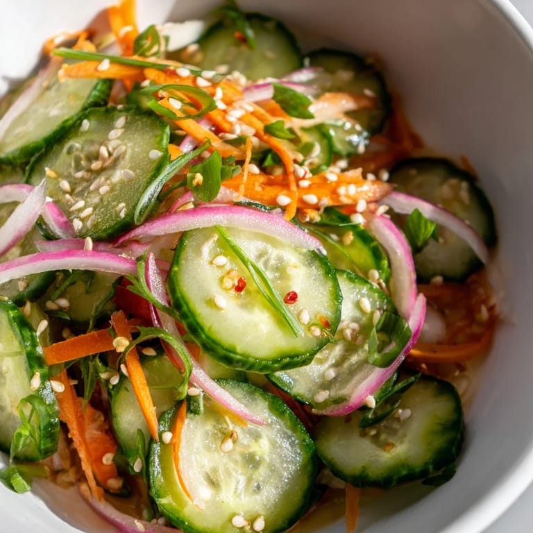 Vibrant cucumber salad remix, drizzled with sesame oil and garnished with sesame seeds.  