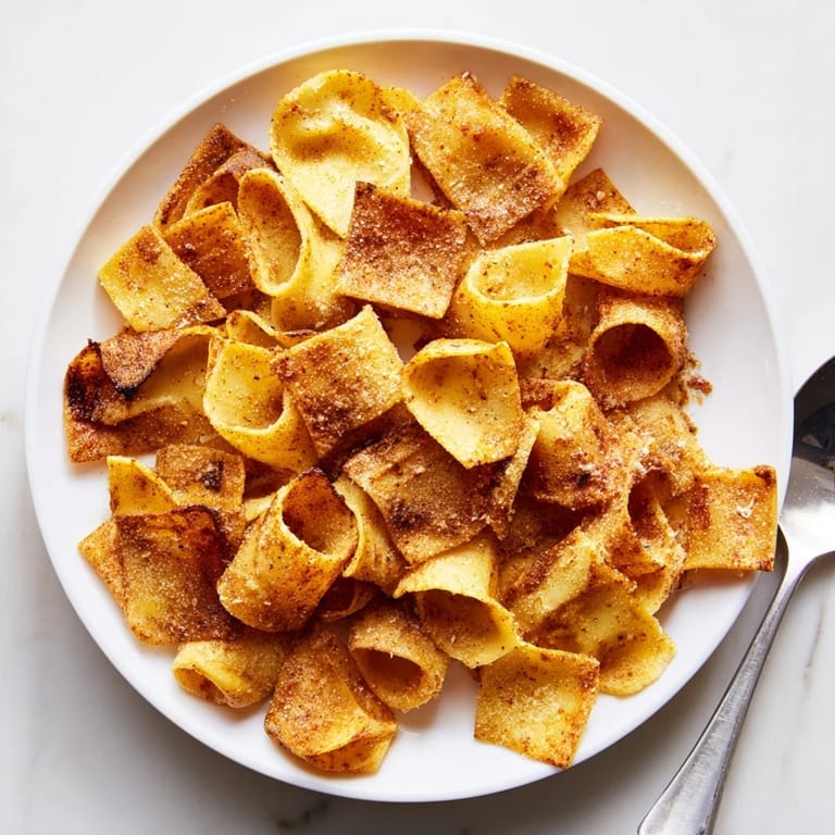 Golden baked pasta chips, tossed in spices, ideal for movie night munchies.  