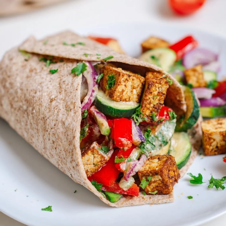 Delicious plant-based meal with seasoned tofu, fresh herbs, and creamy yogurt sauce.