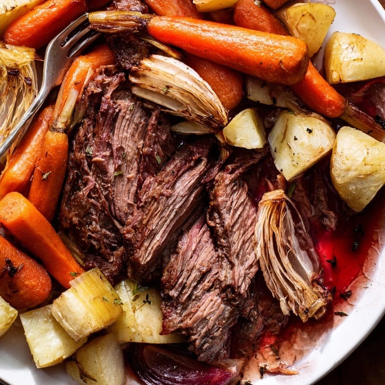 Hearty Sunday pot roast with golden potatoes and vibrant carrots for family dinners.