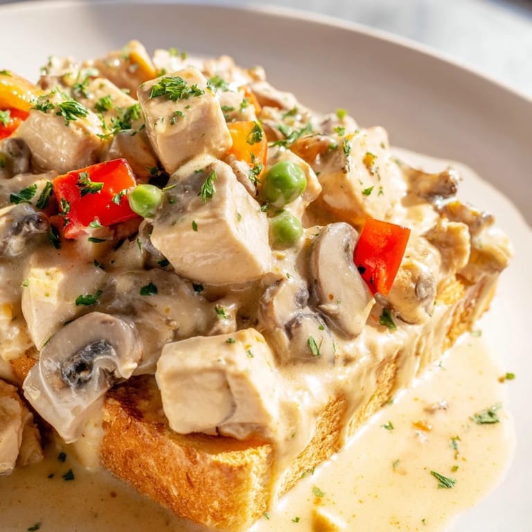 Savor delicious chicken à la king with vibrant veggies atop crispy toast slices.  