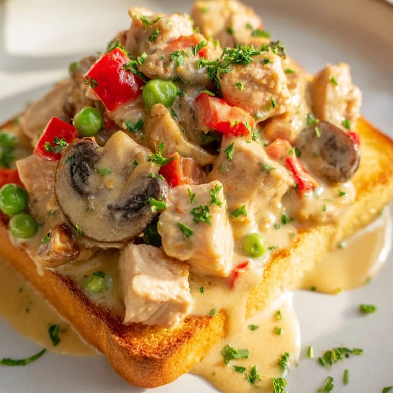 Hearty chicken à la king with mushrooms, nestled on warm, buttery toast delight.