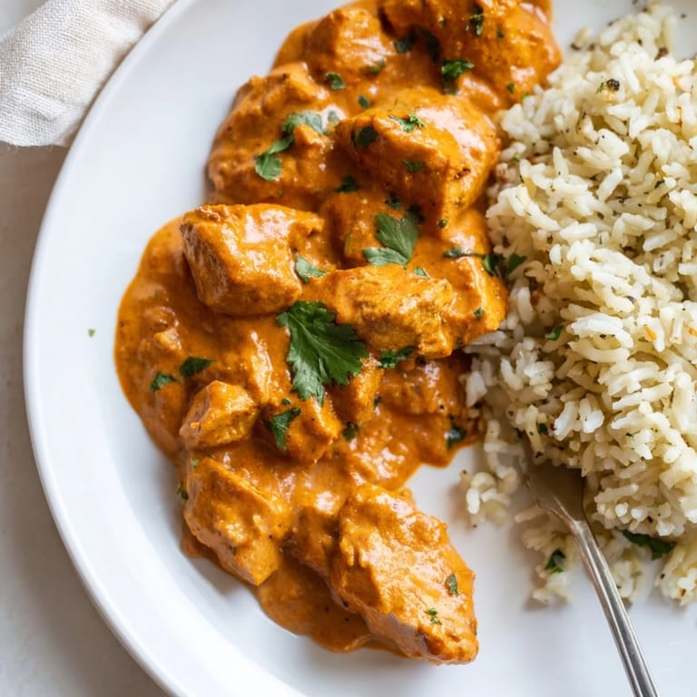 Tender pieces of butter chicken in fragrant spices, complemented by fragrant basmati rice.  