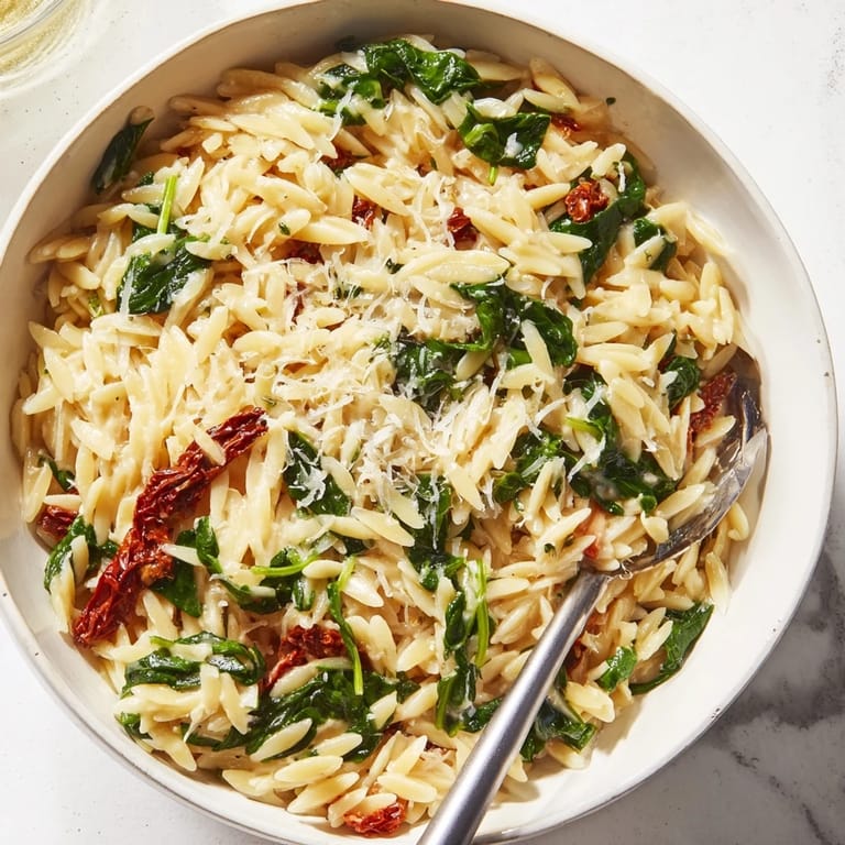 Delicious creamy Tuscan orzo bowl with garlic-infused sauce and hearty Italian flavors.