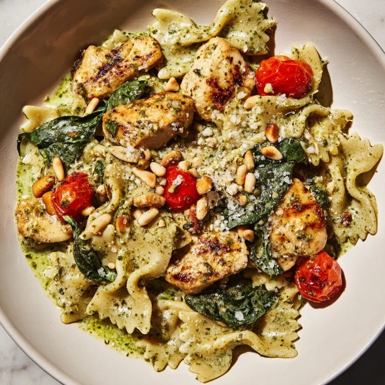 Close-up of delicious pesto chicken bowtie pasta, showing juicy chicken and al dente pasta.