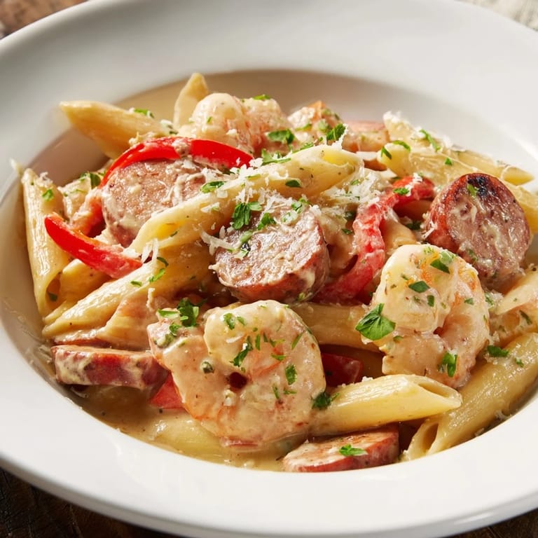 The Cajun Sausage & Shrimp Alfredo Pasta Skillet looks utterly delicious, seasoned and ready for your plate.