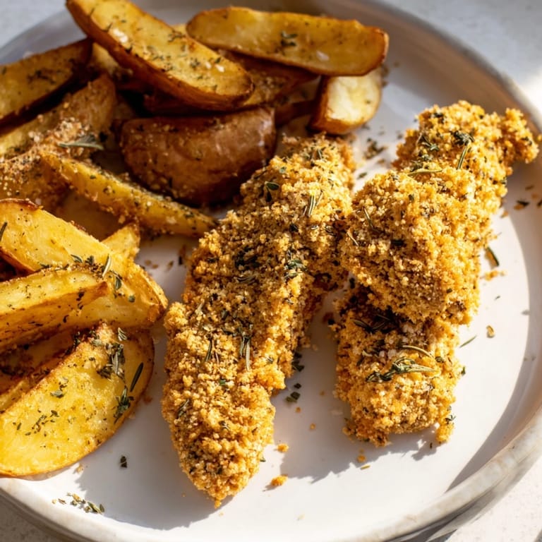Golden herbed chicken tenders alongside rustic potato wedges with perfect crispy edges, ideal family dinner.