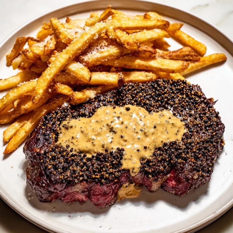 A close-up of a tender Classic Peppercorn Ribeye steak with a rich sauce, plus golden fries on a plate.