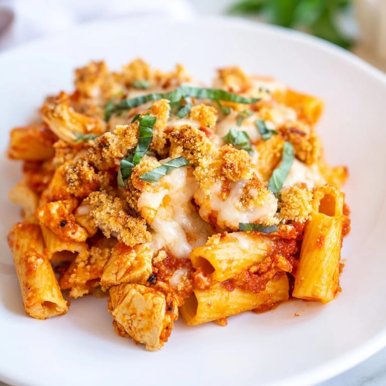 A close-up of cheesy, savory Baked Chicken Parmesan Pasta, cooked until perfectly golden brown.