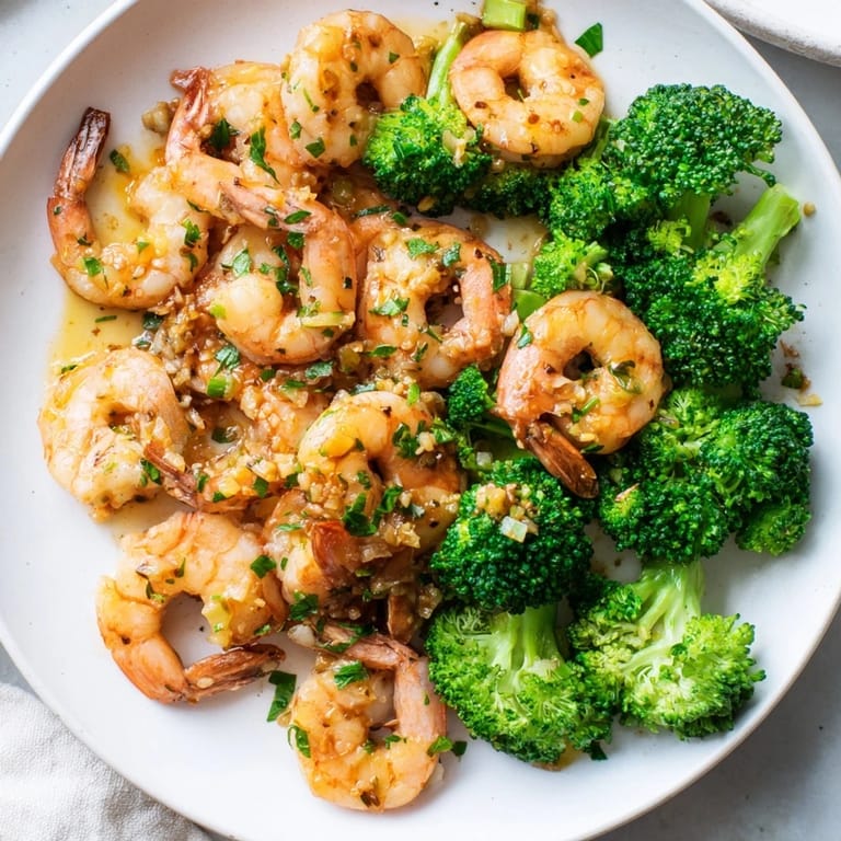 A pan filled with Lemon Butter Shrimp & Broccoli, showcasing tender shrimp and bright broccoli florets.