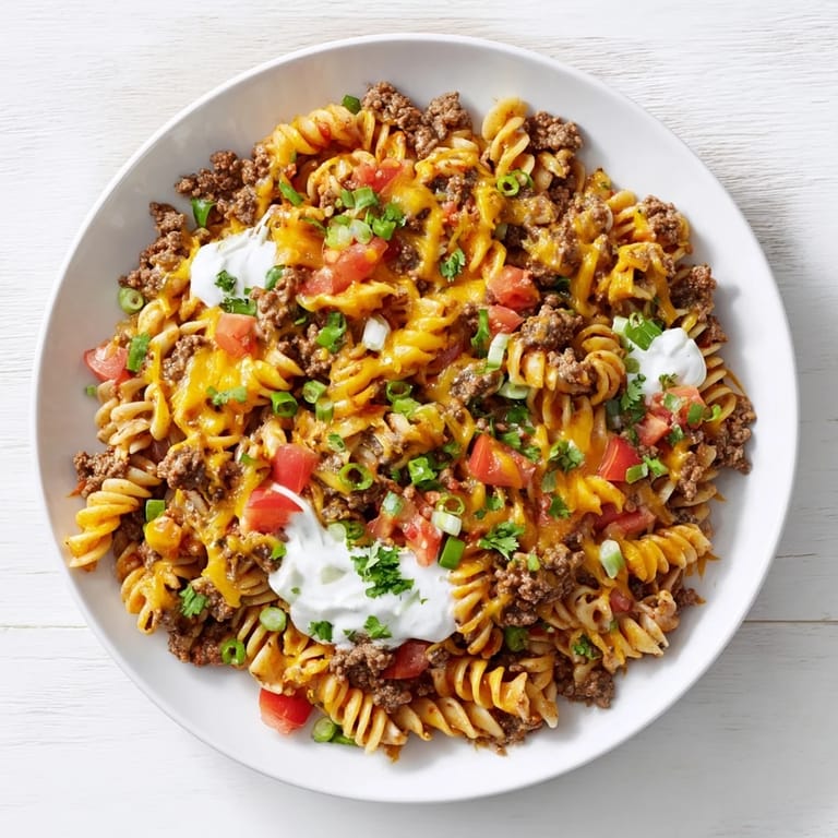 Quick and easy Cheesy Taco Pasta with a vibrant mix of ingredients and a blanket of melted cheese, a weeknight dinner.
