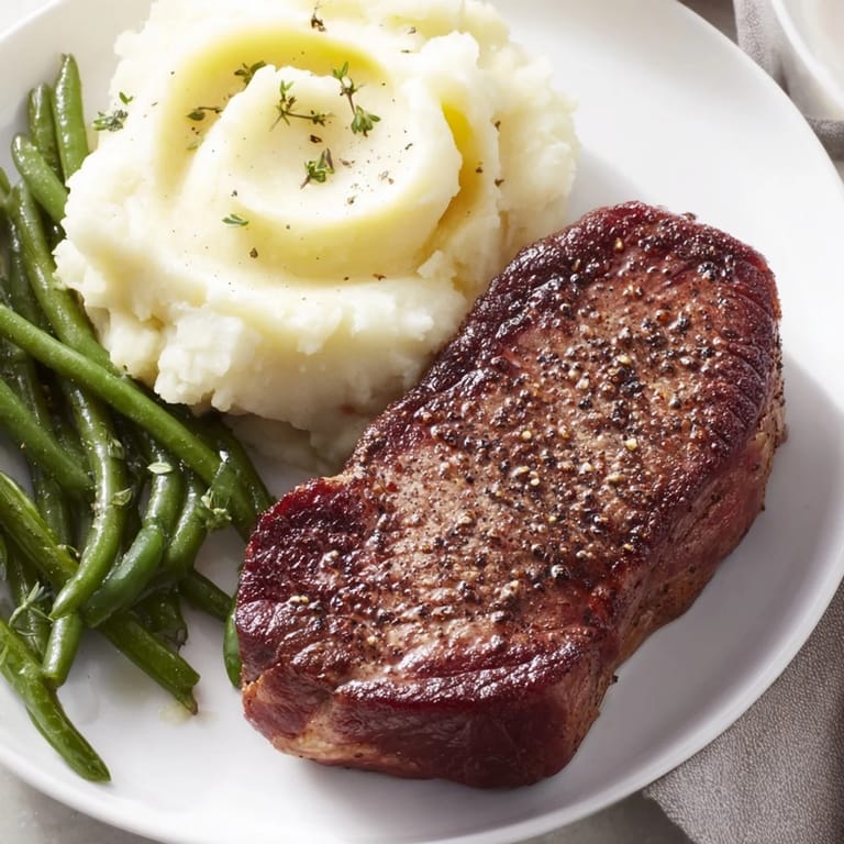 Golden-brown sirloin steaks cook perfectly alongside fluffy garlic mashed potatoes in this sheet pan meal.