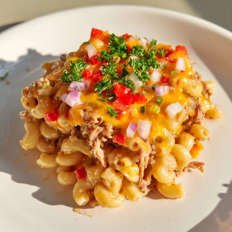 A close-up of the delicious BBQ Rib Macaroni Skillet, highlighting the savory pulled ribs and melted cheese.