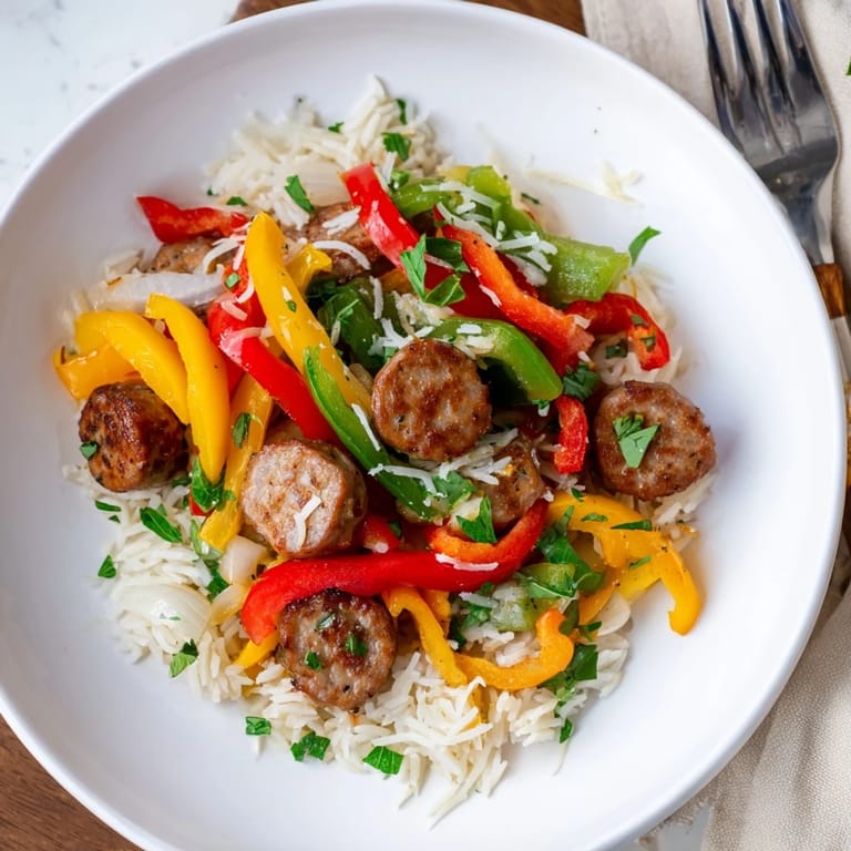 A steaming plate of Italian Sausage & Peppers Rice, showcasing fluffy rice and colorful vegetables.