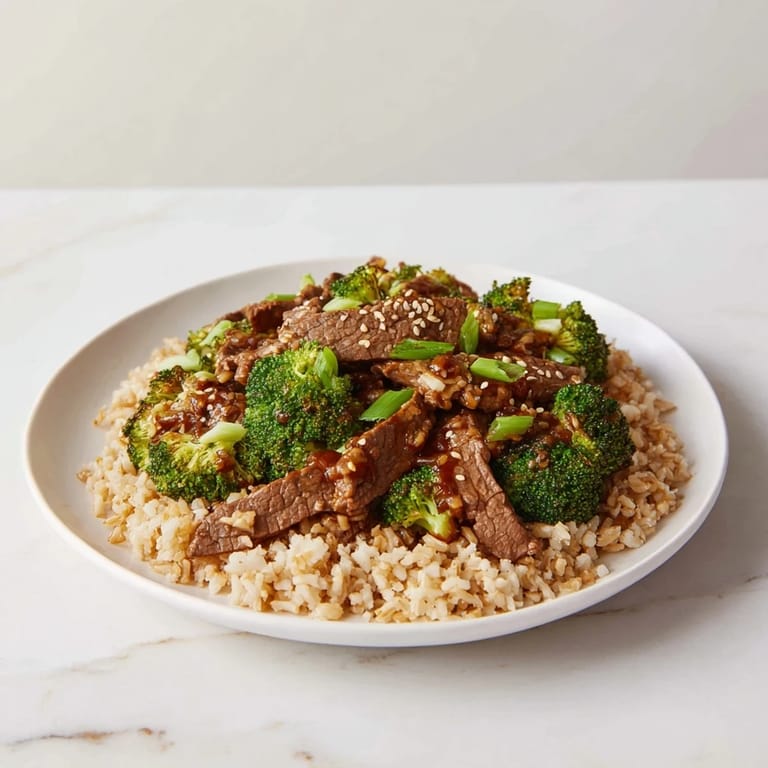 Tender beef and crisp broccoli simmer in a rich sauce, part of a delightful Slow-Cooker Beef & Broccoli meal.