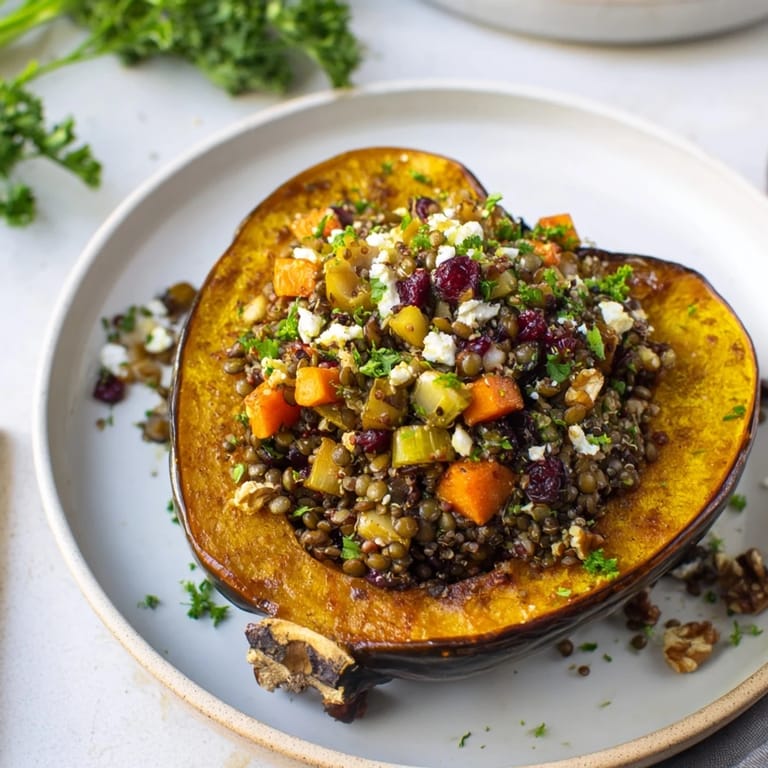 Savory Lentil & Walnut Stuffed Acorn Squash, garnished with parsley, filling the squash perfectly.
