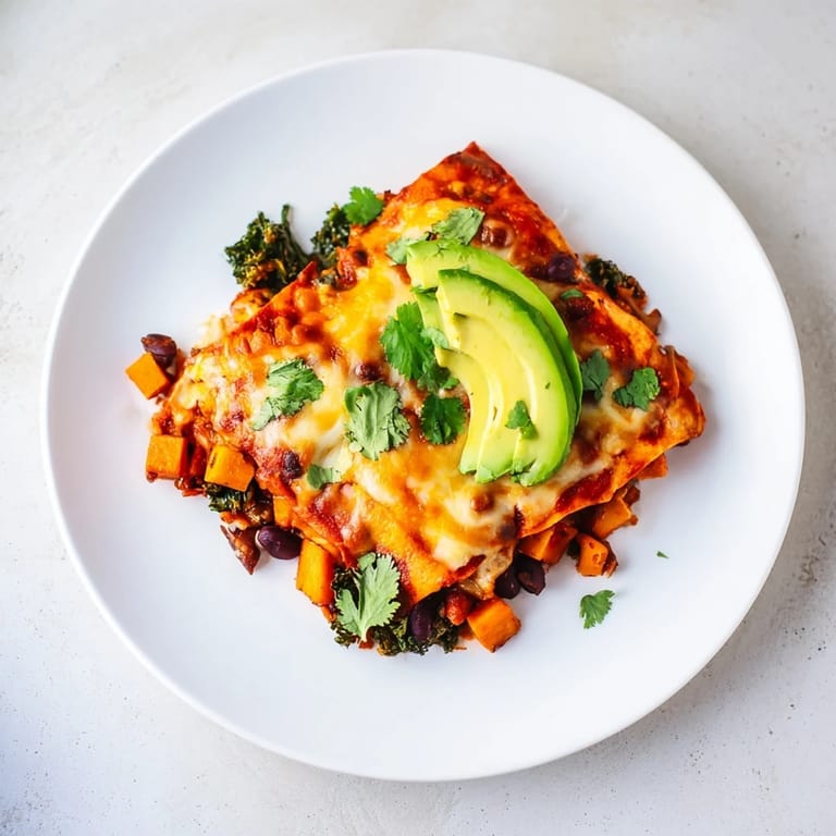 Golden, bubbly One-Pan Sweet Potato, Black Bean & Kale Enchiladas, perfect for a flavorful weeknight vegetarian meal.