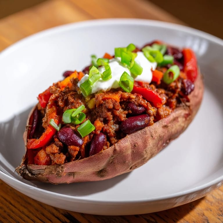 A steaming baked sweet potato stuffed with chili, topped with creamy cheese and fresh herbs.