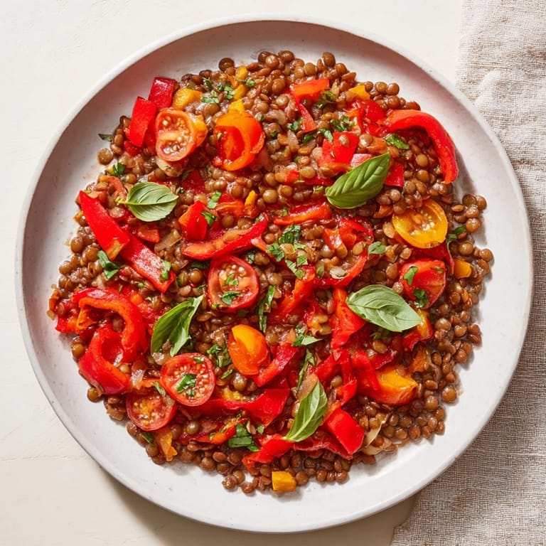 Warm, flavorful Lentil-Tomato Skillet, a gluten-free Mediterranean dish with savory aromas.